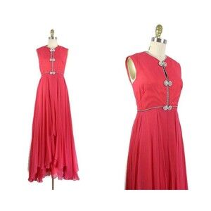 Vintage 1960s Shocking Pink Silk Chiffon Gown with Rhinestone Trim Size S